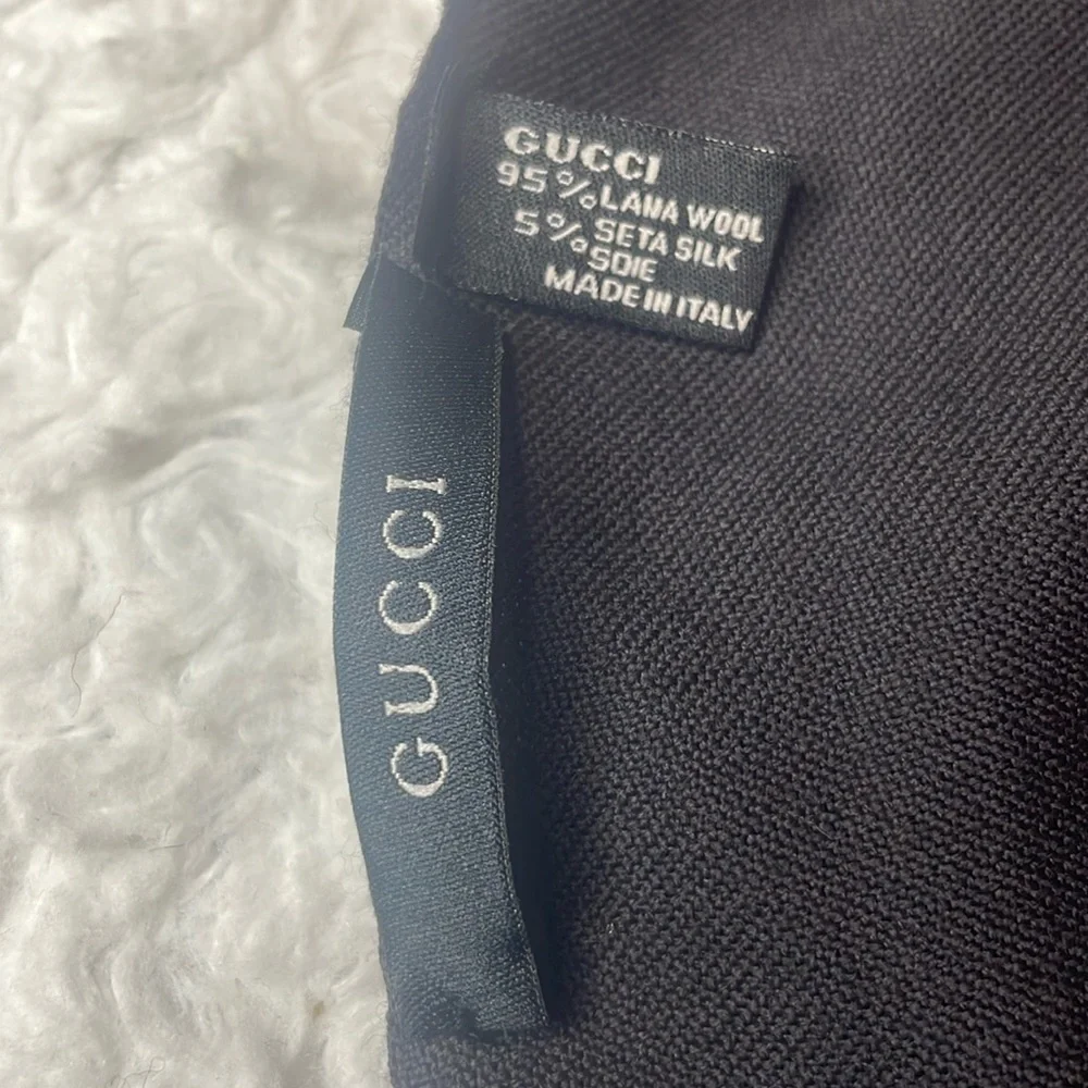 Gucci G Logo Wool Silk Unisex Scarf with Fringe in Black Gray Colorblock Stripe